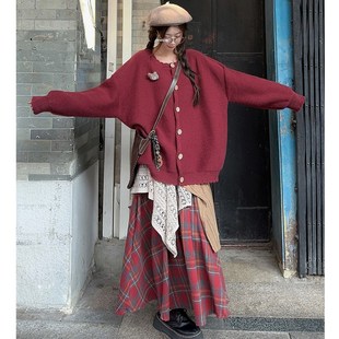 大码女装2024秋冬花边设计感宽松开衫毛衣外套+拼接半身裙两件套