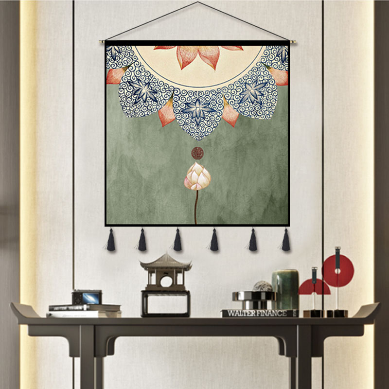 新中式荷花九鱼图挂画布艺国画客厅沙发装饰画挂毯正方形餐厅壁画图片