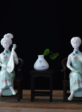 创意中式仿古精品纯手工陶瓷仕女工艺品家居客厅禅意人物软装摆件