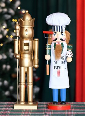 新品38CM胡桃夹子简约风金色国圣诞花环羽毛厨师卧室桌面装饰创意