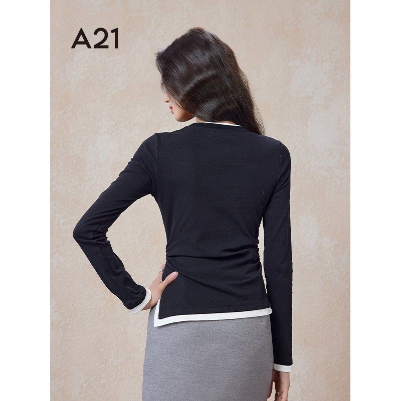 A21女装针织修身圆领长袖T恤春秋季假两件设计感不对称打底上衣女