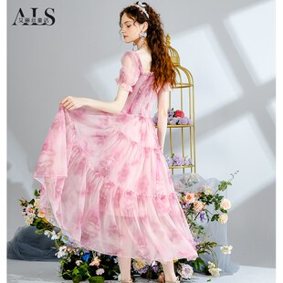 艾丽丝2025夏季新款粉色网纱短袖中长款A字裙仙气显瘦蛋糕连衣裙