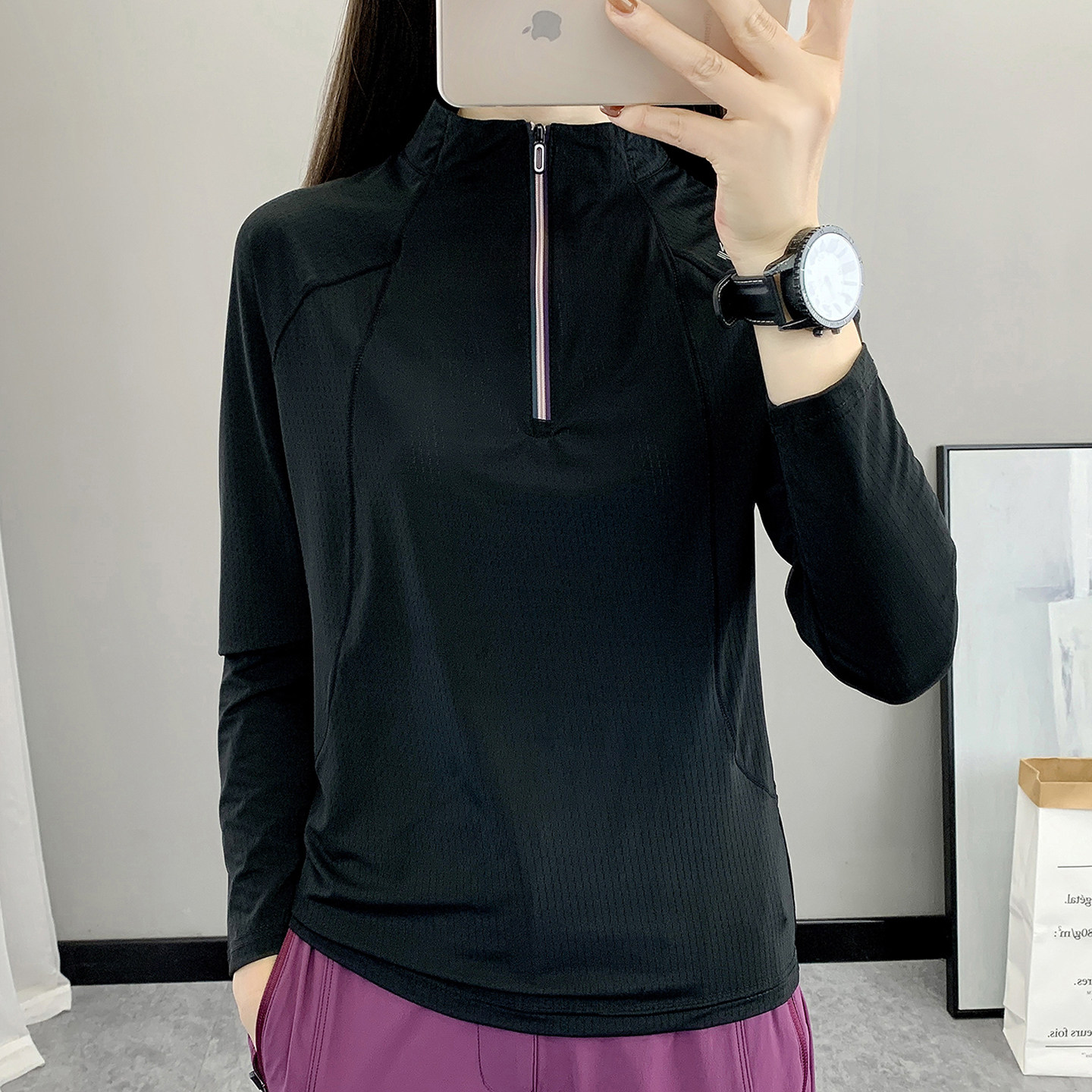 速干衣户外长袖T恤立领套头半拉链女运动打底衫冰感弹力透气网孔
