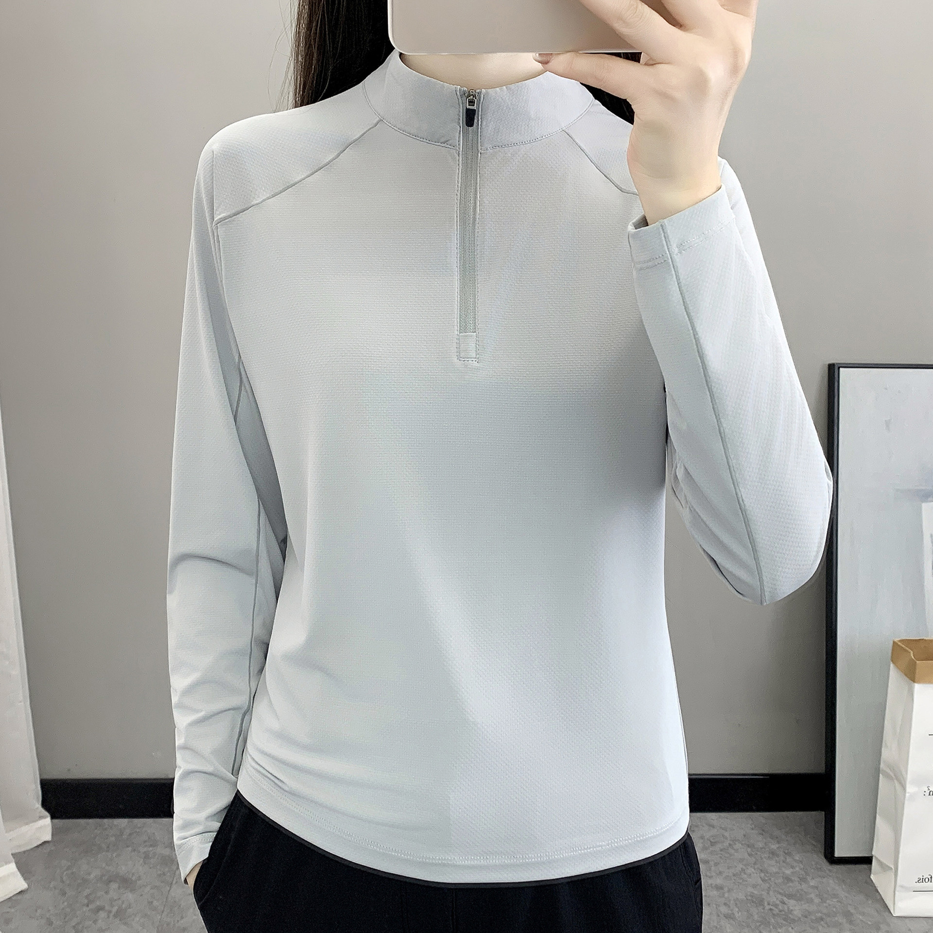 2026薄款透气速干T恤女式立领长袖弹力户外运动跑步冰丝快干上衣