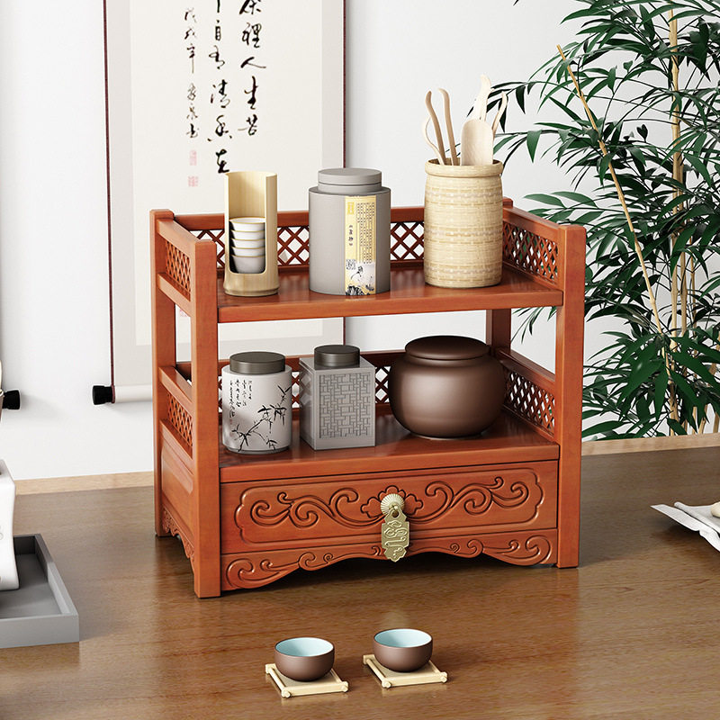 中式博古架三层桌面茶具收纳架
