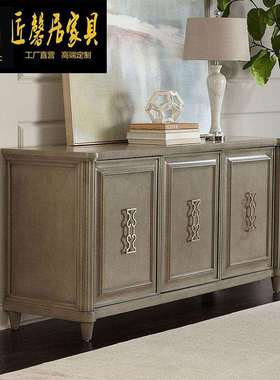 新古典做旧复古美式深灰色三门餐边柜家具桦木电视柜梳妆柜桌子