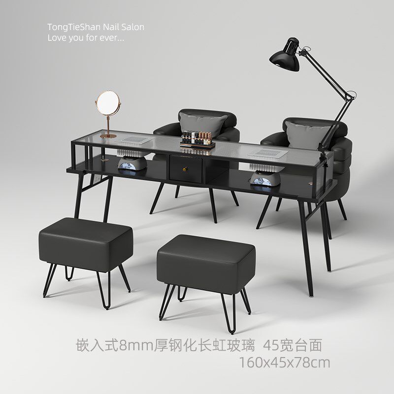 童铁山45宽美甲桌玻璃大台v面吸尘器修甲台黑色美甲店专用桌椅套