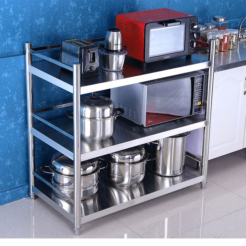 家用厨房置物架不锈钢3微波炉菜放锅架子收纳P储柜落地4多层带围