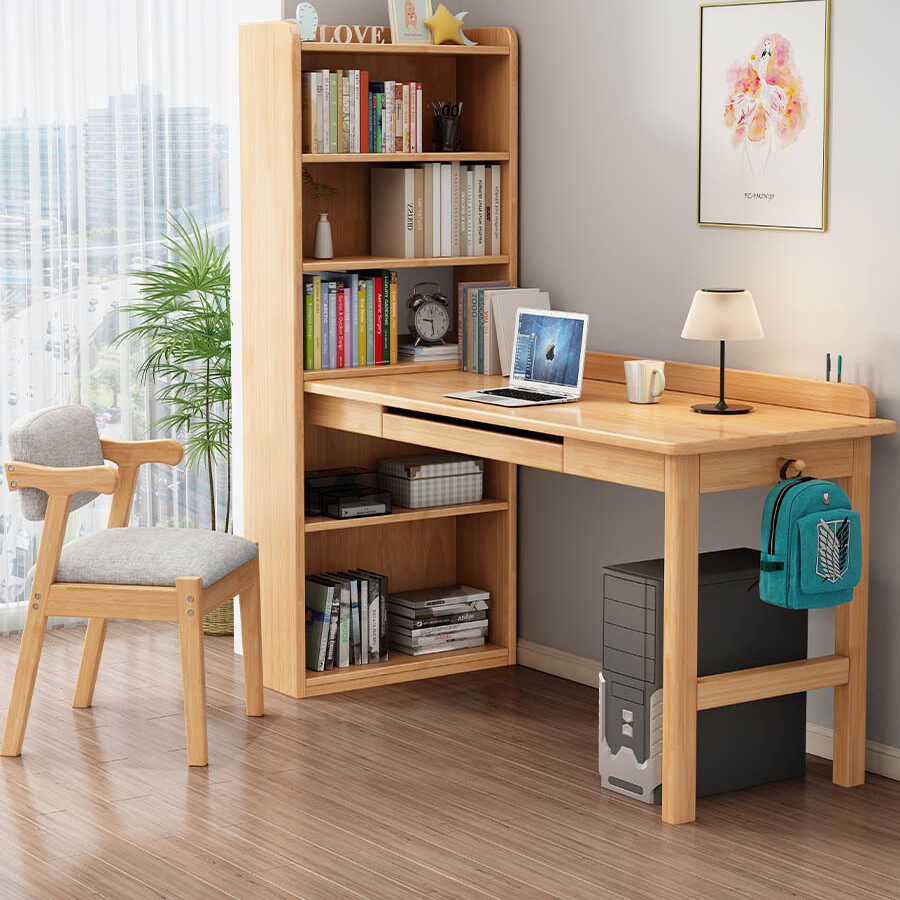 全实木转角书桌书架书柜一体台式电脑桌家用办公桌卧室学生学习桌