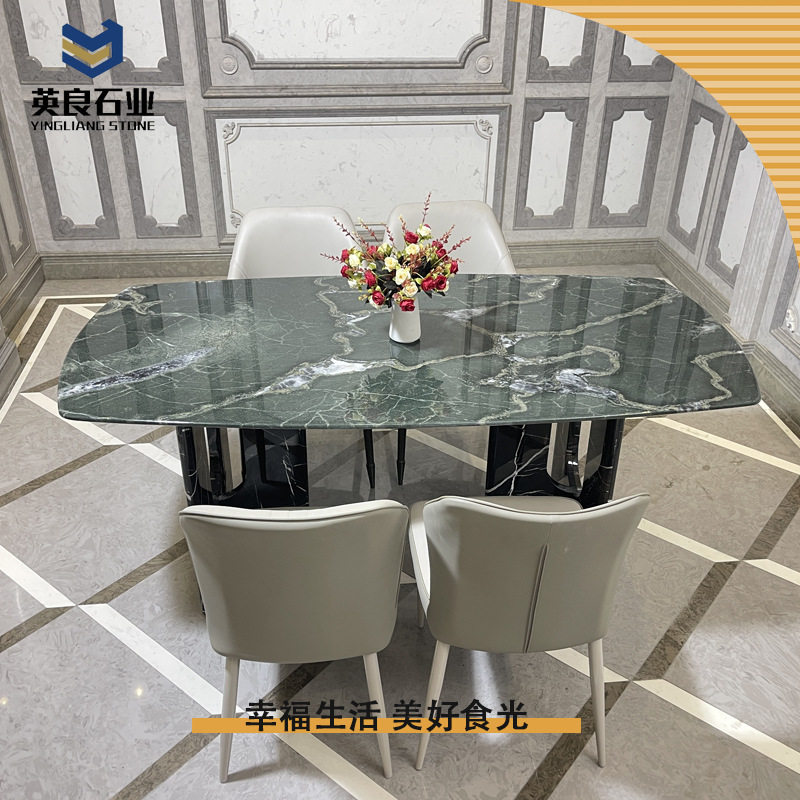 轻奢大理石餐桌组合现代简约吃饭桌子家用全石材长方大户型冰岛