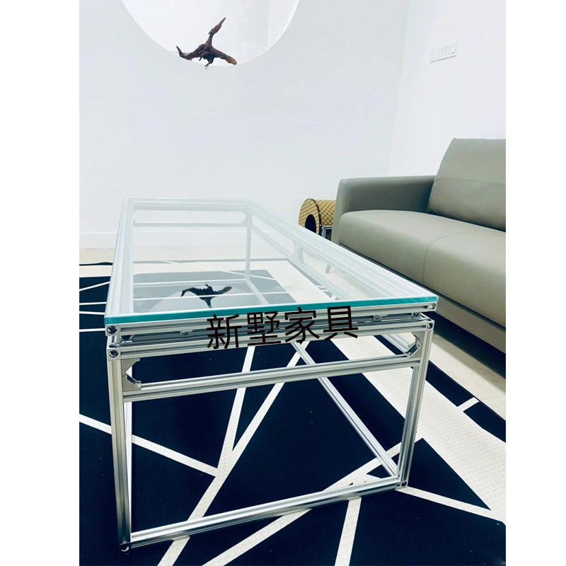 轻奢家用客厅沙发边几方形茶几泡茶桌铝型材长形接待洽谈桌玻璃桌