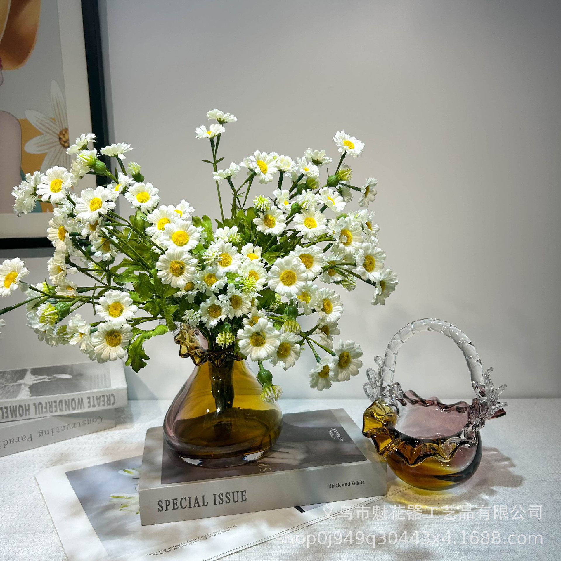 彩色琉璃简约时尚提篮花瓶摆件餐桌插花水培花器家居软装桌面饰品