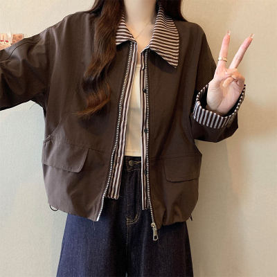 假两件咖啡色正肩长袖外套女秋装大码胖mm韩系chic小个子短款夹克
