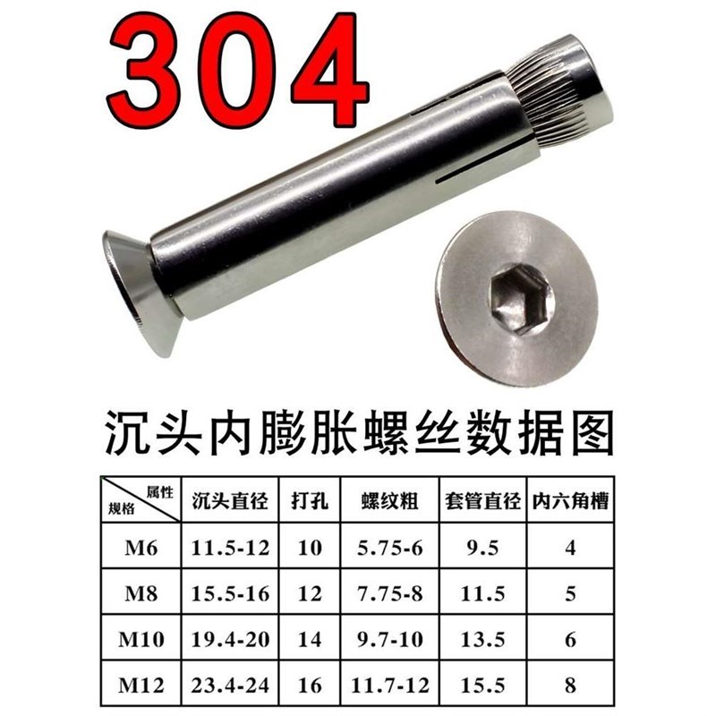 速发沉式超膨不锈钢头加长内置M8角爆膨胀螺丝 内六内M6长胀螺栓0