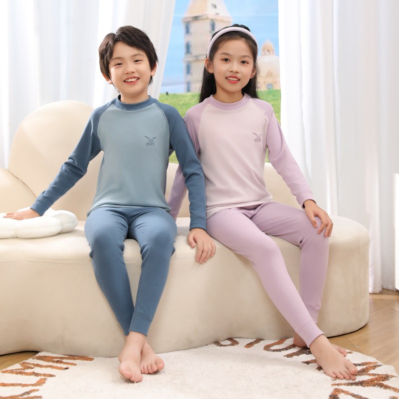 现货青少年秋衣秋裤中领保暖内衣套装儿童热舒绒可爱纯色睡衣休闲