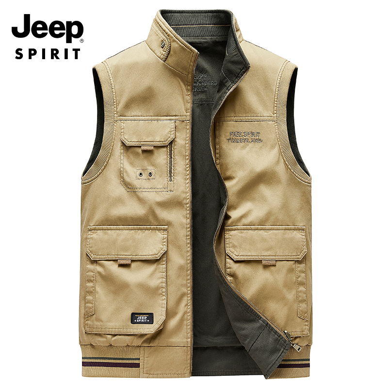 JEEP吉普纯棉双面穿马甲男春秋新款多口袋户外钓鱼马夹摄影背心男