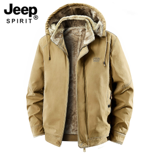 JEEP吉普冬季男士羊羔绒外套2025新款加绒加厚纯棉工装连帽夹克男