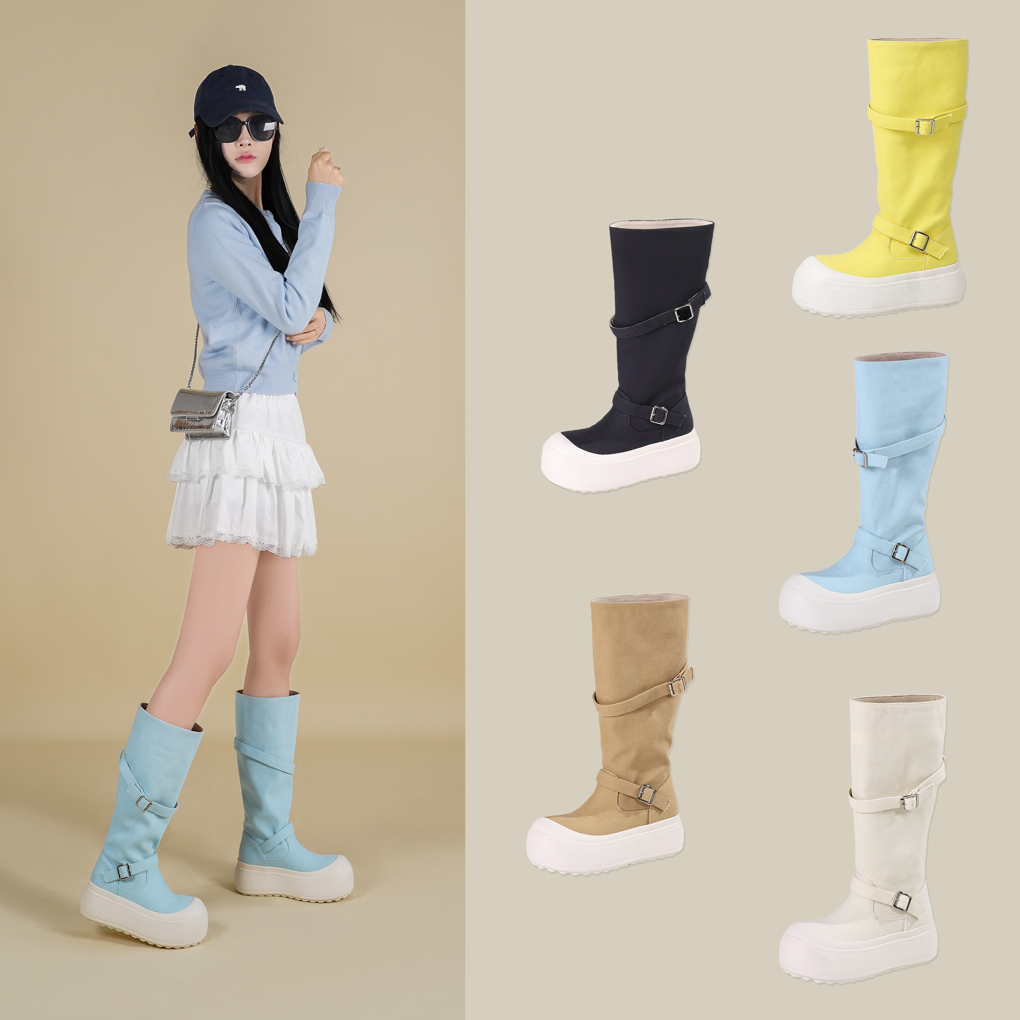 春夏平底裤管靴设计感口袋装饰旅游休闲爆款女生长筒靴
