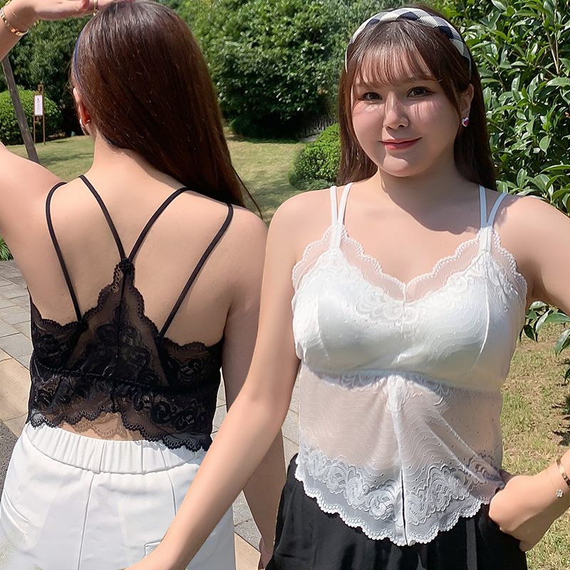 时尚大码蕾丝美背抹胸背心加肥加大防走光内搭舒适吊带带胸垫内衣