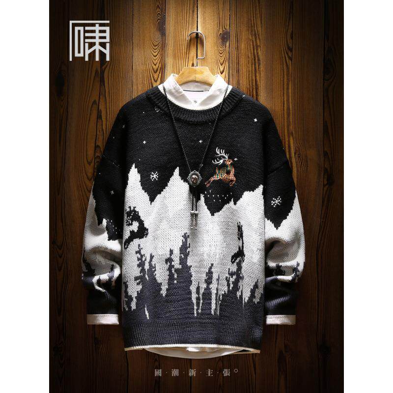 새로운 가을 겨울 일본 복고풍 눈 산 순록 크리스마스 스웨터 남성 대형 느슨한 따뜻한 두꺼운 스웨터 남성 의류