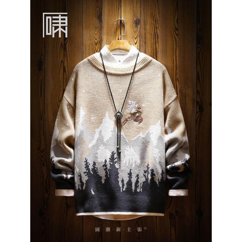 새로운 가을 겨울 일본 복고풍 눈 산 순록 크리스마스 스웨터 남성 대형 느슨한 따뜻한 두꺼운 스웨터 남성 의류