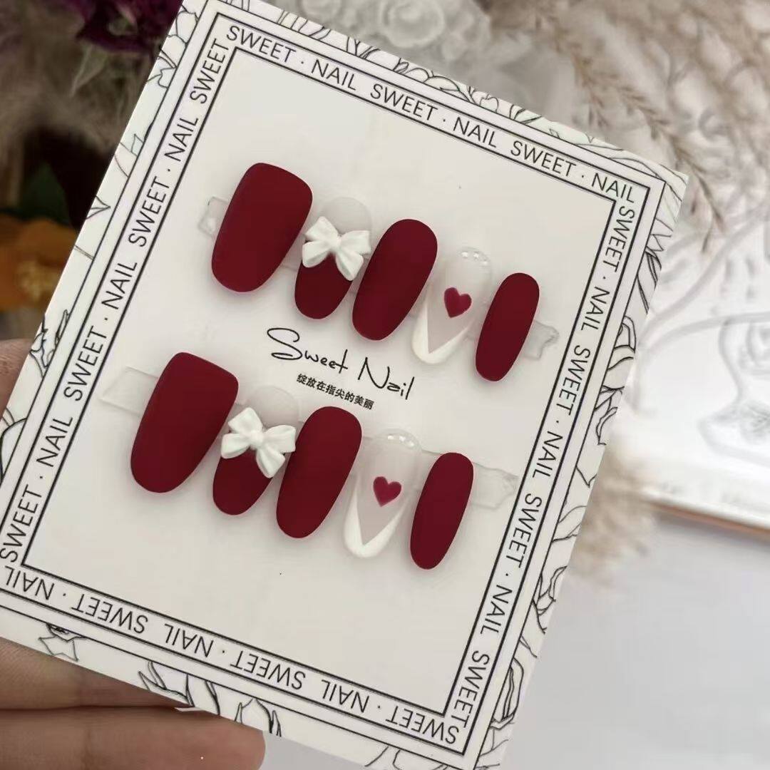 纯手工美甲穿戴甲假指甲贴片成品磨砂红色蝴蝶节背胶兔子草莓熊