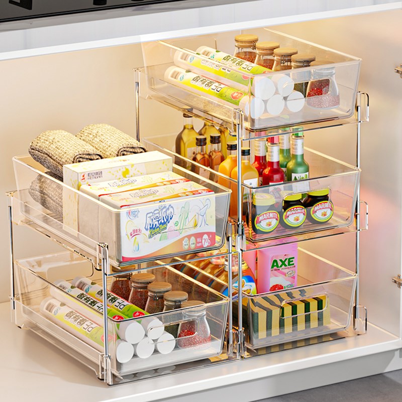 厨房下水槽置物架台盆下拉篮抽y拉式透明调味料收纳橱柜内分层架