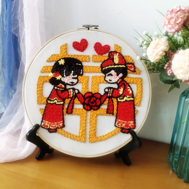 戳戳绣diy手工材料包结婚喜字刺绣针毛J线画羊毛毡送情侣新婚礼物