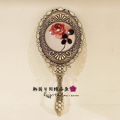 韩国镜子手柄化妆镜随身公主镜复古玫瑰手持N便携欧式仿古复古铜