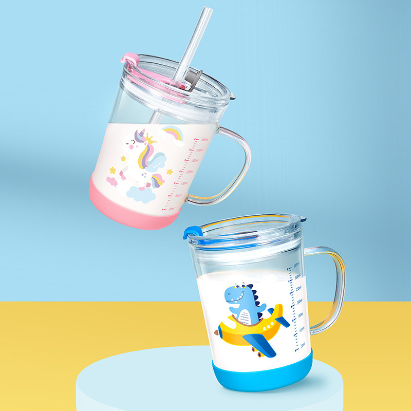 家用儿童牛奶杯刻度杯子带把早餐吸C管玻璃水杯带盖戒奶瓶冲奶加