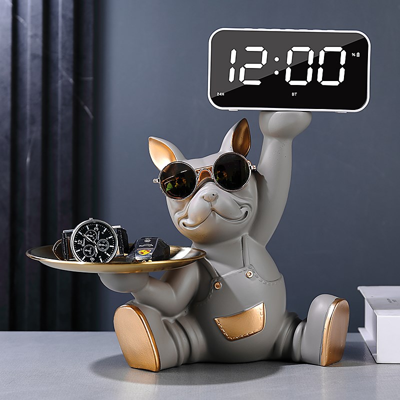 法斗犬狗狗钥匙收纳客厅卧室数字智能闹钟桌面钟表摆X放电子钟摆