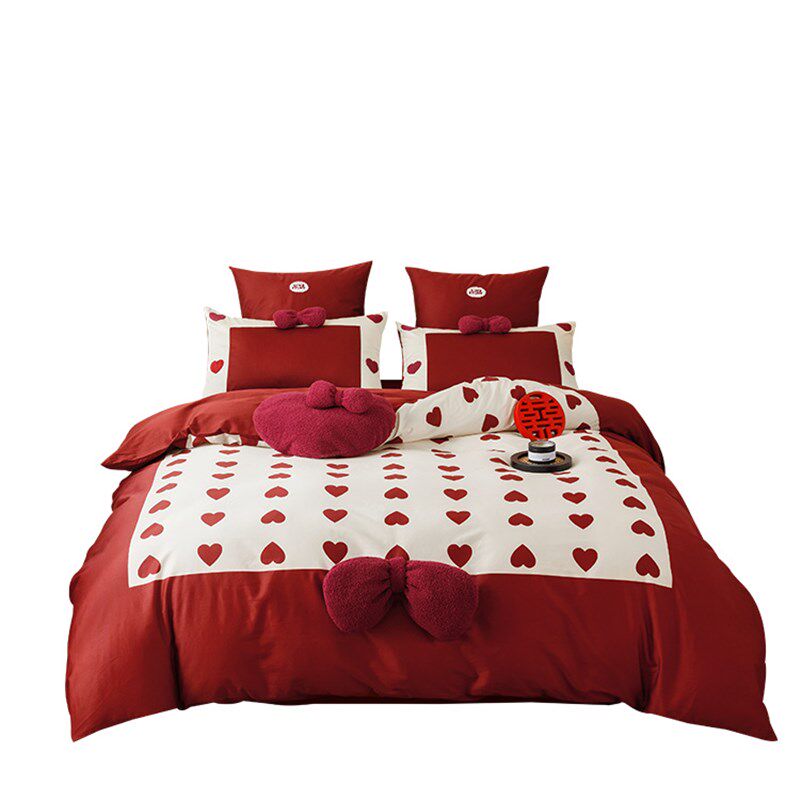 爱心浪漫a婚庆四件套全棉100s长绒棉新婚喜庆纯棉被套结婚床上用