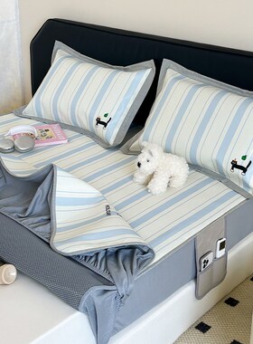 ins韩风可爱刺绣床笠款冰丝凉席1.5m1.8三件套O可水洗900D空调软