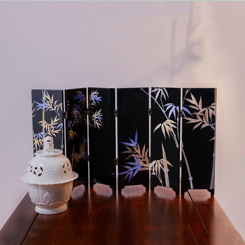中式国潮茶空间茶桌双面小屏风摆件复古L茶台漆器茶道配件礼盒装