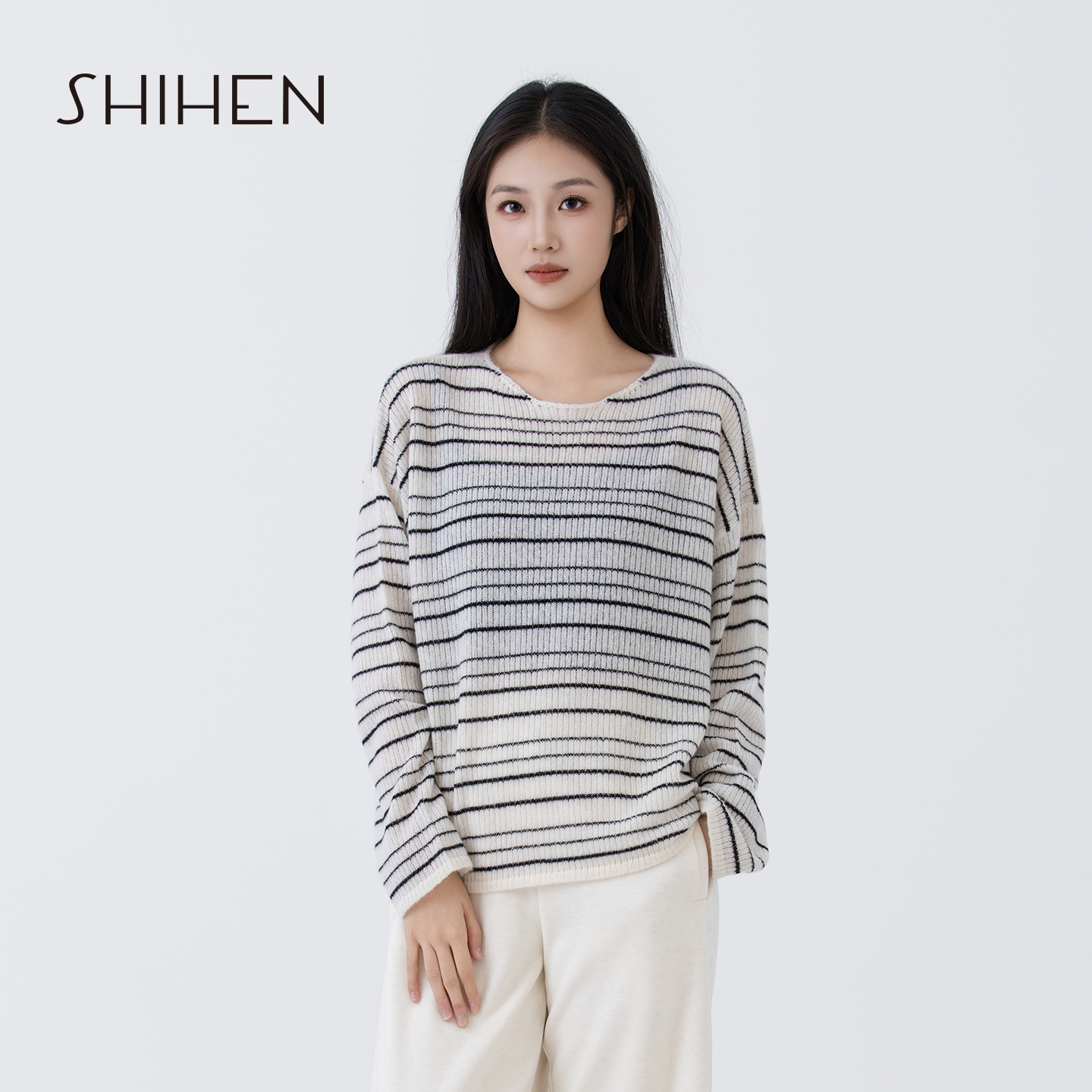 时痕山羊绒撞色条纹圆领套头毛衣宽松轻薄款小清新镂空文艺针织衫