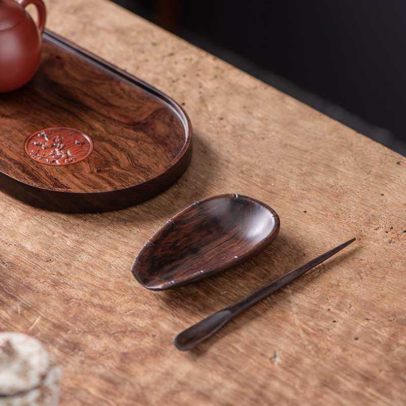 黑檀木茶则二件套赏茶荷茶碟六君子中式茶具茶道配件实木茶勺茶铲