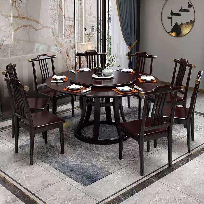 新中式实木圆形大餐桌大圆桌家用饭桌10人实木餐桌椅组合厂家