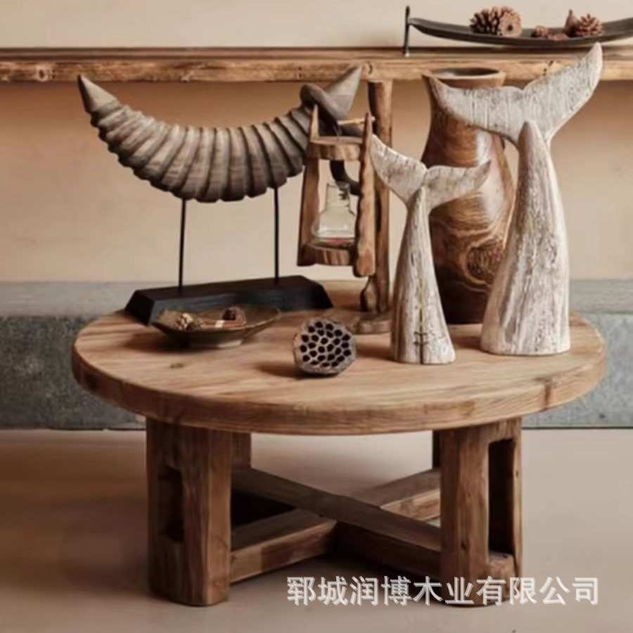 实木茶几复古茶桌圆形做旧矮桌客厅家具边几老榆木泡茶桌子飘窗桌