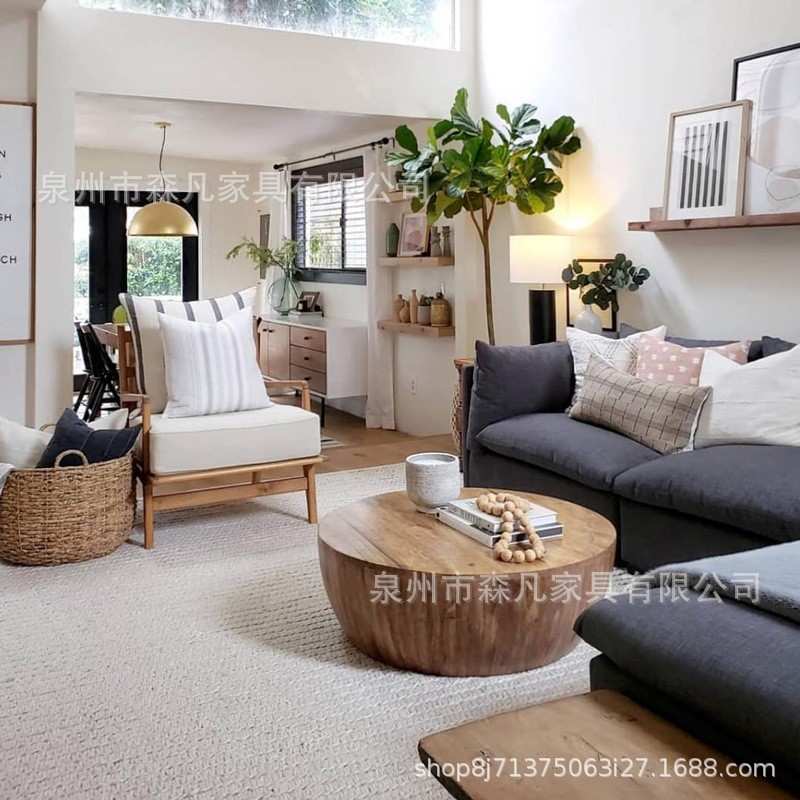 美式客厅小户型茶几民宿圆形茶桌实木创意简约原木咖啡桌复古桌