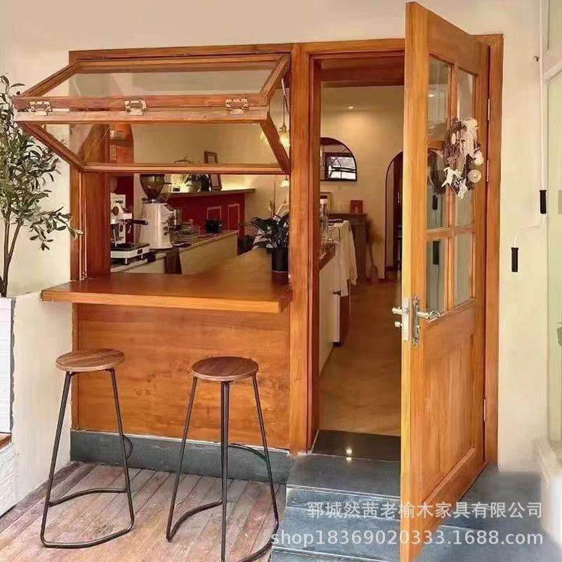 复古老榆木大门街边咖啡厅做旧原木门可折叠窗户奶茶店民宿门套窗