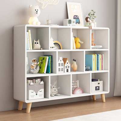 实木落地书架简约儿童收纳格子柜自由组合带门学生白色矮柜置物架