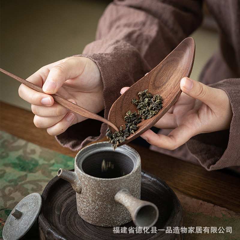 中式胡桃木茶则禅意实木茶荷三件套组茶夹茶拨针胡桃茶荷茶道配件