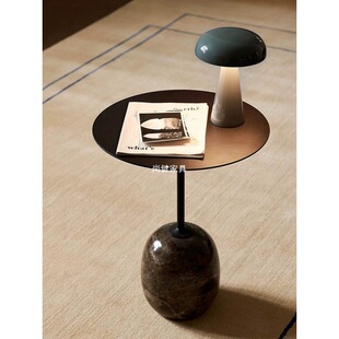 2026极简大理石软装设计师样板房卧室北欧沙发边角几圆形边几铁艺