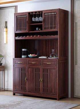 新中式乌金木实木餐边柜酒柜家用入户门口客厅间厅柜高款收纳柜子