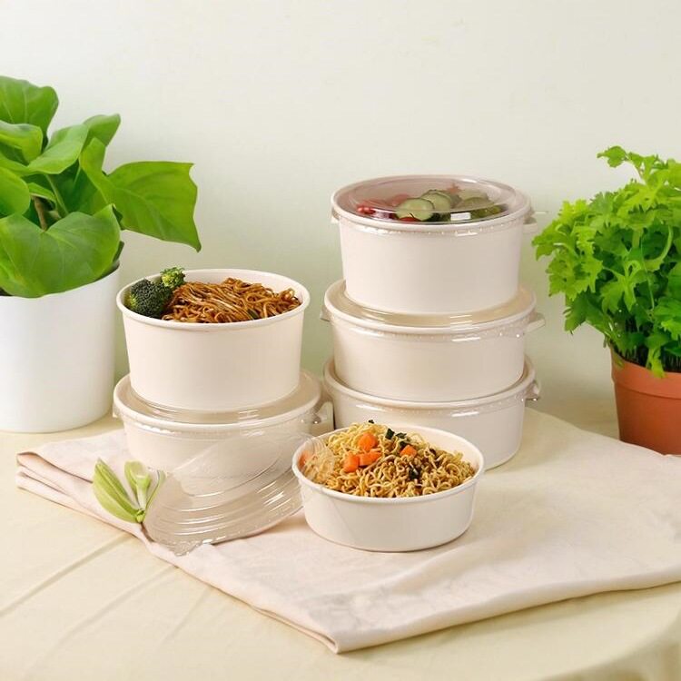 纯白色牛皮纸一次性餐盒圆形加厚带盖汤碗粥桶饭盒外卖打包盒汤桶