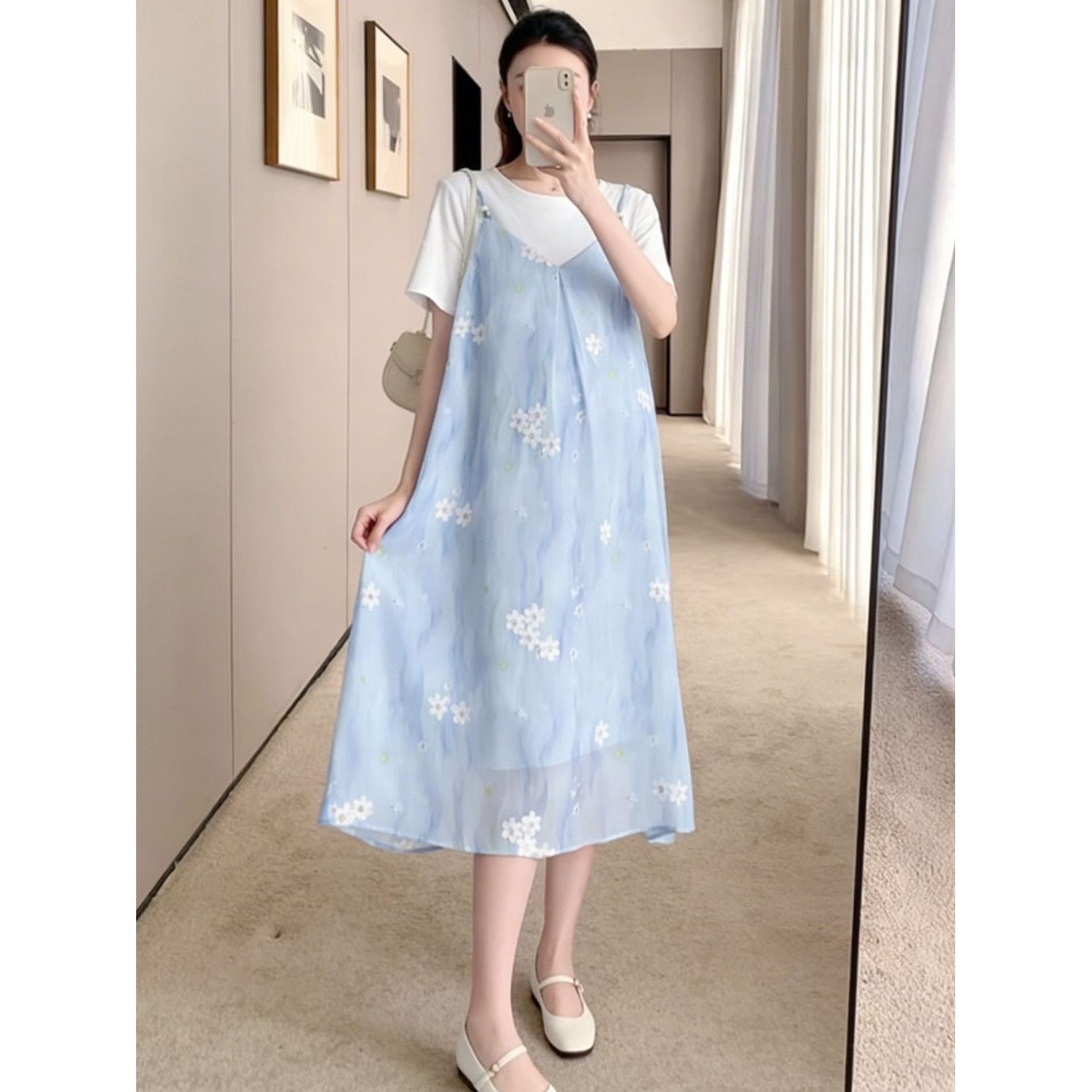 潮妈时尚新款夏季孕妇连衣裙假两件短袖碎花孕妇裙外出孕妇装套装