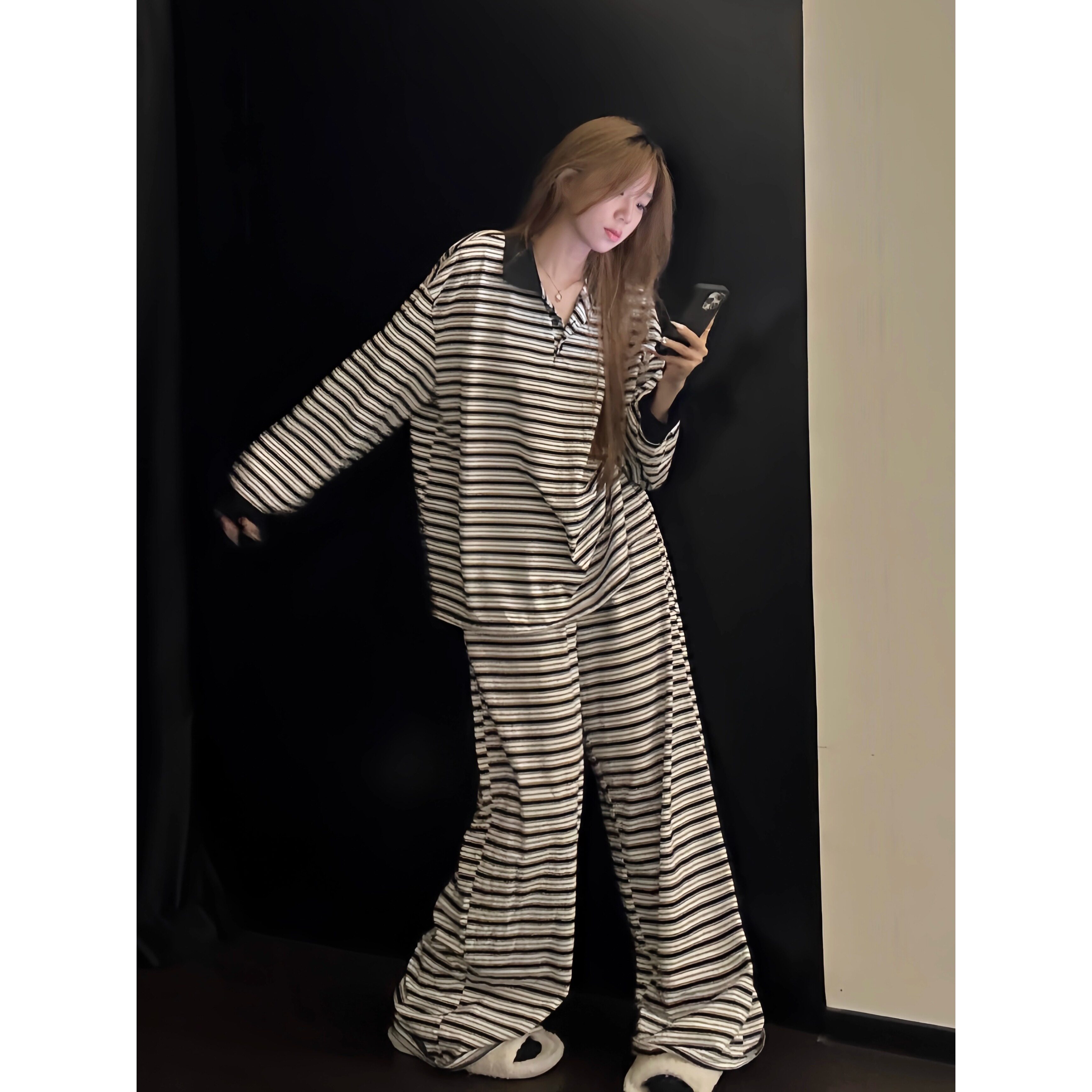 高级感简约黑白条纹印花睡衣女秋冬季2025设计感家居服套装可外穿