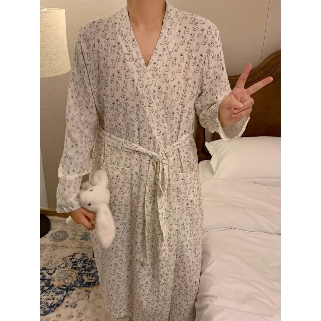 可爱兔子印花长袖睡衣女春秋夏季日式系带和服睡袍浴袍睡裙中长款