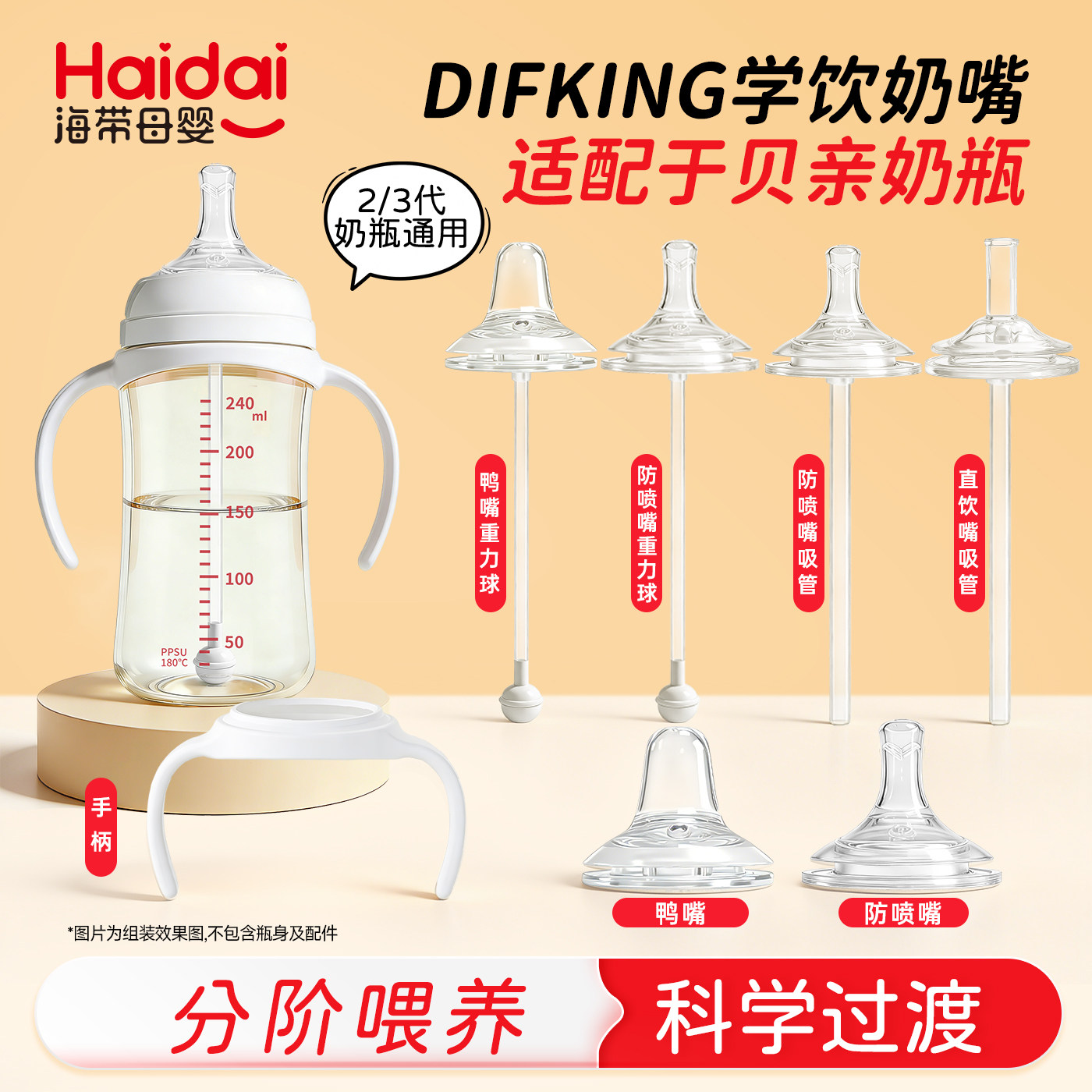 适配贝亲奶瓶配件直饮吸管式奶嘴鸭嘴吸嘴学饮把手柄重力球杯盖