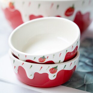 陶瓷大汤面碗 可爱草莓家用泡面拉面碗水果沙Q拉碗【碗碟两件套】